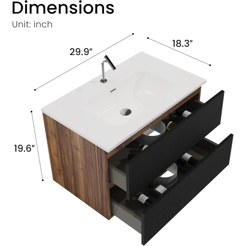 Walnut & Black Floating Bathroom Vanity with Sink, Mid-Century Modern Bathroom Cabinet with Soft Close Drawers, Fully Assembled