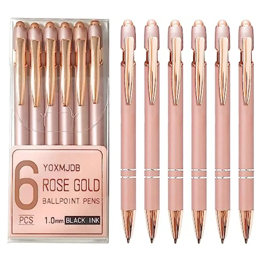

Ballpoint Pens, 6 Pack Rose Gold Metal Pens Black Ink Pens, 1.0mm Medium Point Stylus Pens for Touch Screens, Cute Pens Teacher