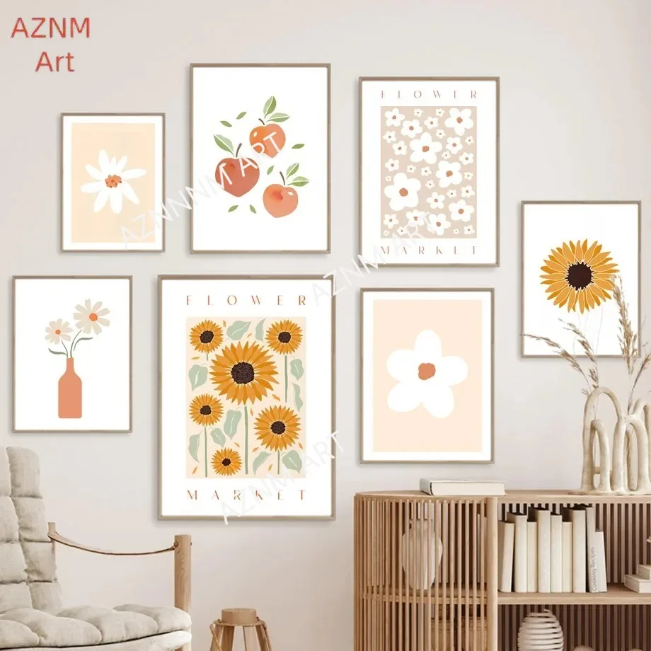 Blume Markt Sonnenblume Orange Pfirsich Vase Abstrakte Boho Kunst Leinwand Malerei Nordic Poster Drucke Wand Bilder Wohnzimmer Dekor