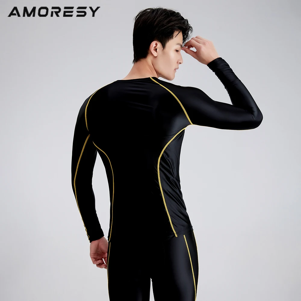 AMORESY Round Neck Tight Long Sleeve T-Shirt Men's Glossy Compression Sports Fitness Running Spandex Shirts Tops