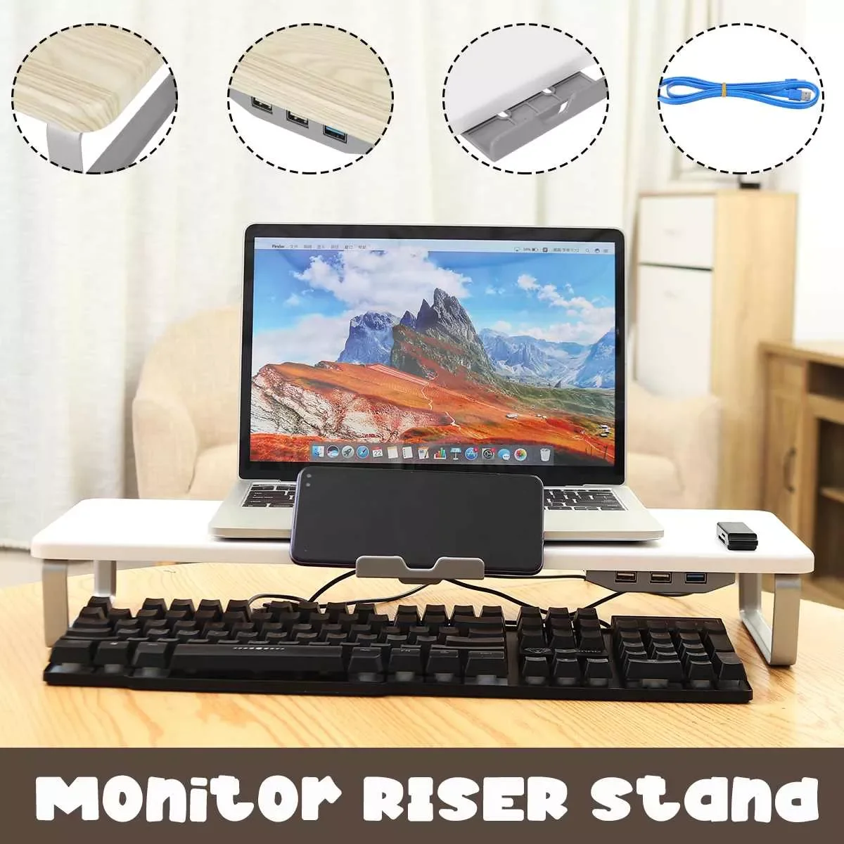 Stand Computer Riser 3 USB Port Support Charging Desk Phone Holder Multifunction Laptop Desk Monitor Holder Screen Shelf