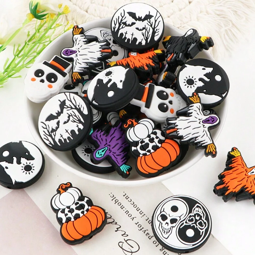 5Pcs Halloween Themed Silicone Focal Beads Ghost Pumpkin Cute Silicone Beads For DIY Handmade Crafts Bead Pen Keychain