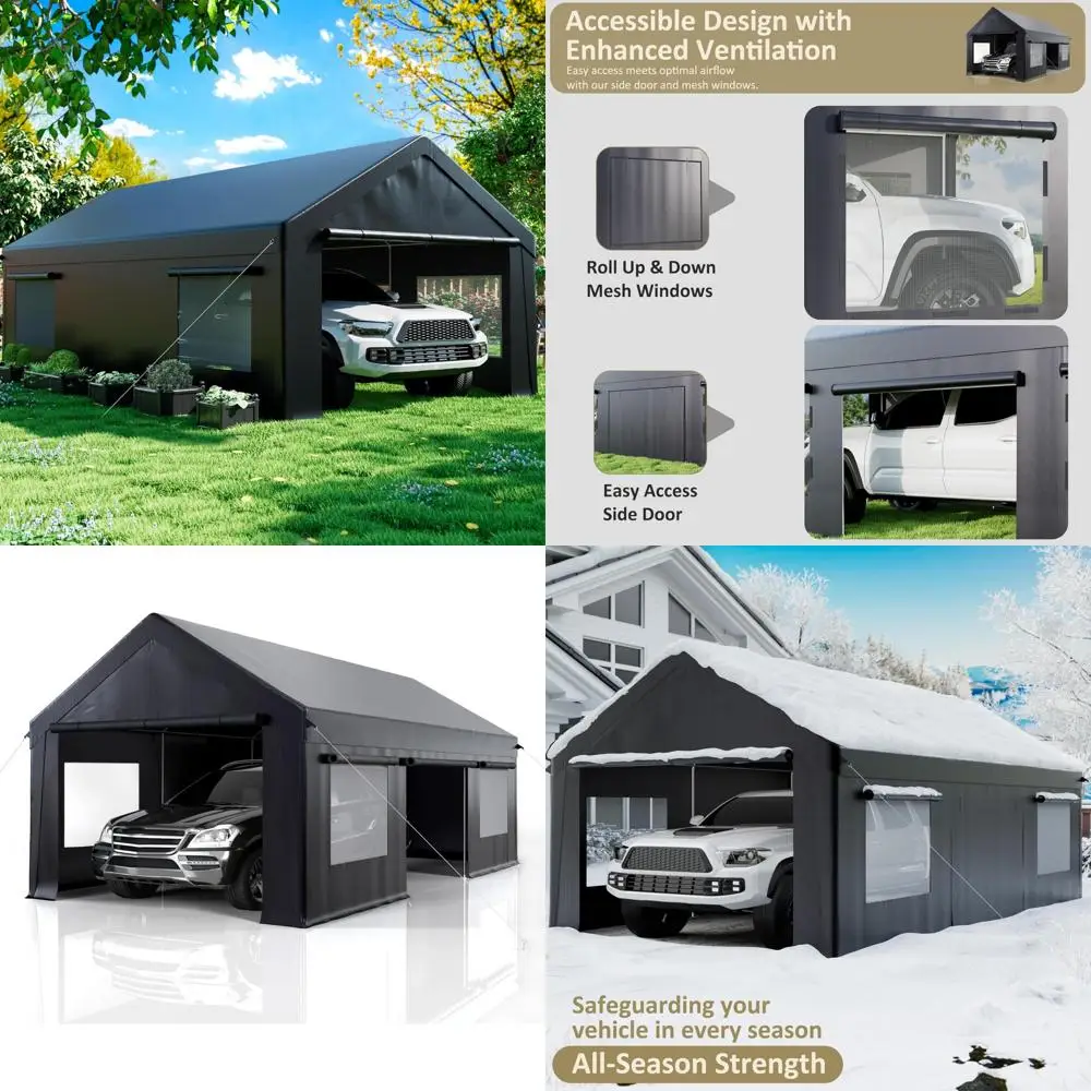 

carport 12' x 20' heavy duty portable garage, carport canopy with side-opening door & roll-up windows, car canopy reinforced fou
