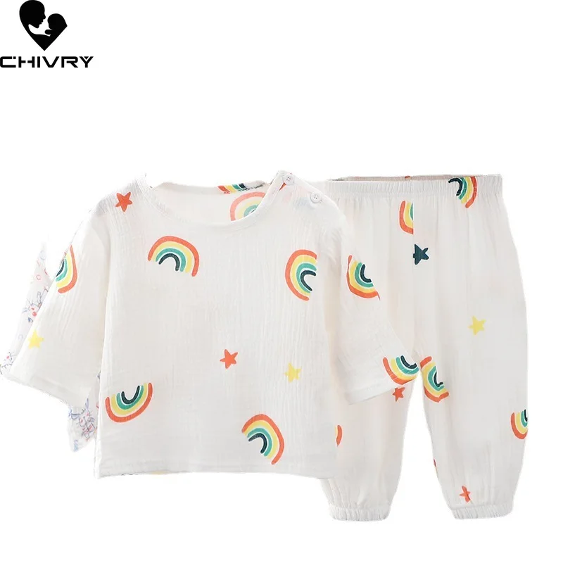 Pijamas finos de verano para niños y niñas, de tres cuartos de dibujos animados Camiseta de manga, Tops con pantalones, conjuntos de ropa de dormir informal para bebés, nuevo