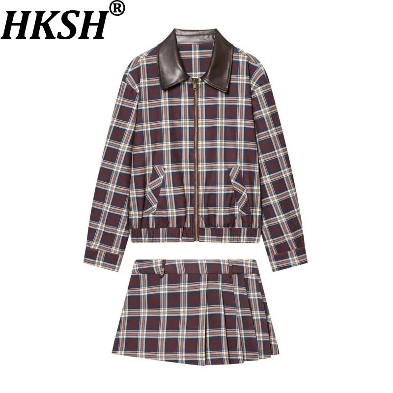 

HKSH Spring Autumn New Women Retro Set Turn-down Collar Zipper Plaid Jacket Coat Elegant Pleated Short Pantskirt Culotte HK18183