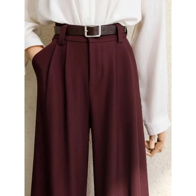 2026 New Burgundy Suits Pants for Women Office Lady Elegant High Waist Wide Leg Fashion Trousers with Pockets Black Gray