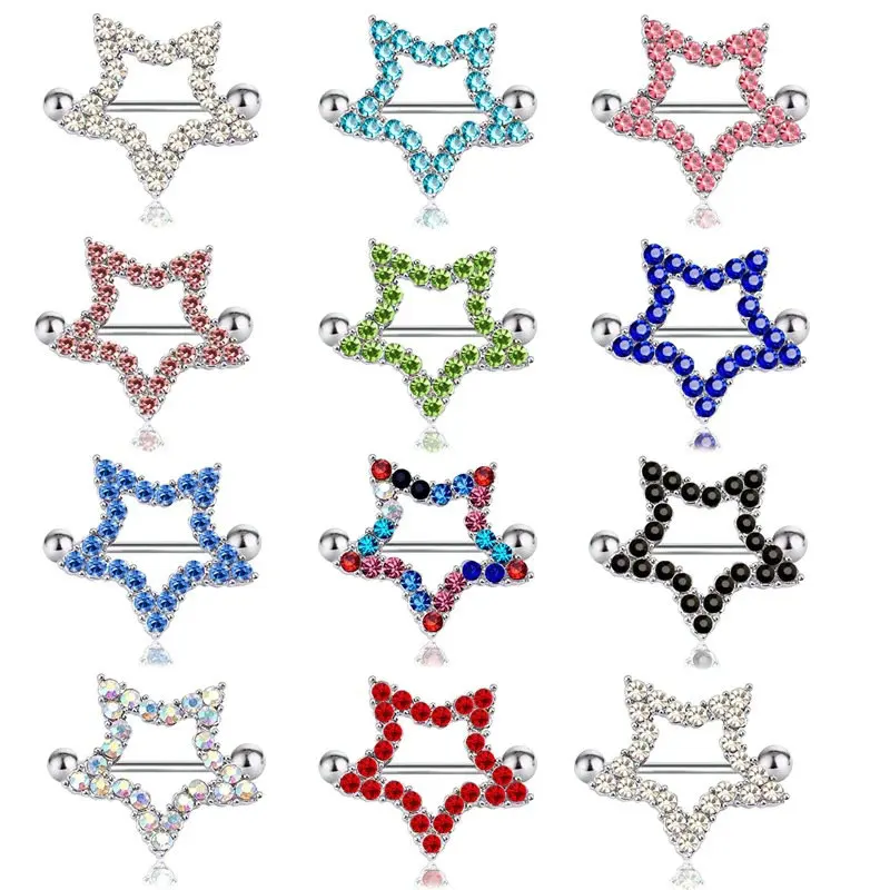 

12pcs/Lot Crystal Star Nipple Shiled Ring Stainless Steel Straight Rod Nipple Bars Helix Piercing Nombril Breast Cover Jewelry