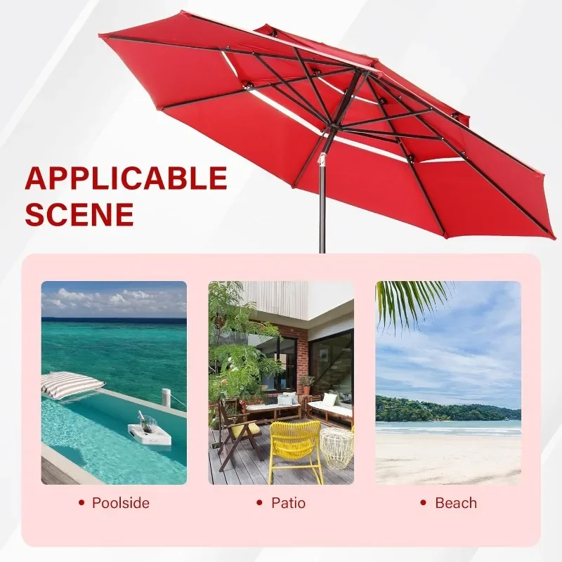 

--10ft Patio 3 Tiers Outdoor Table Umbrella Market Umbrella With Tilt Adjustment And 8 Sturdy Ribs For Garden