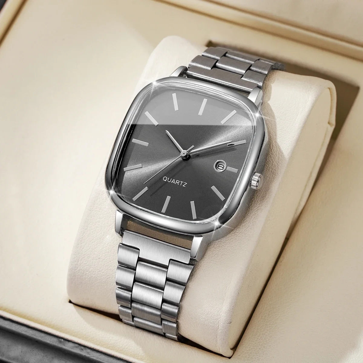 Men Rounded Square Steel Band Quartz Watch Minimalist Black Dial With Date Window Wristwatch