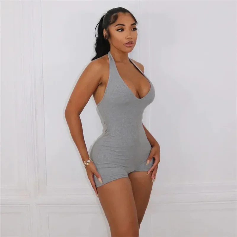 Chic Women Halter V Neck Bodysuit Casual Solid Color Slimming Sleeveless Backless Sport Going Out Summer Romper