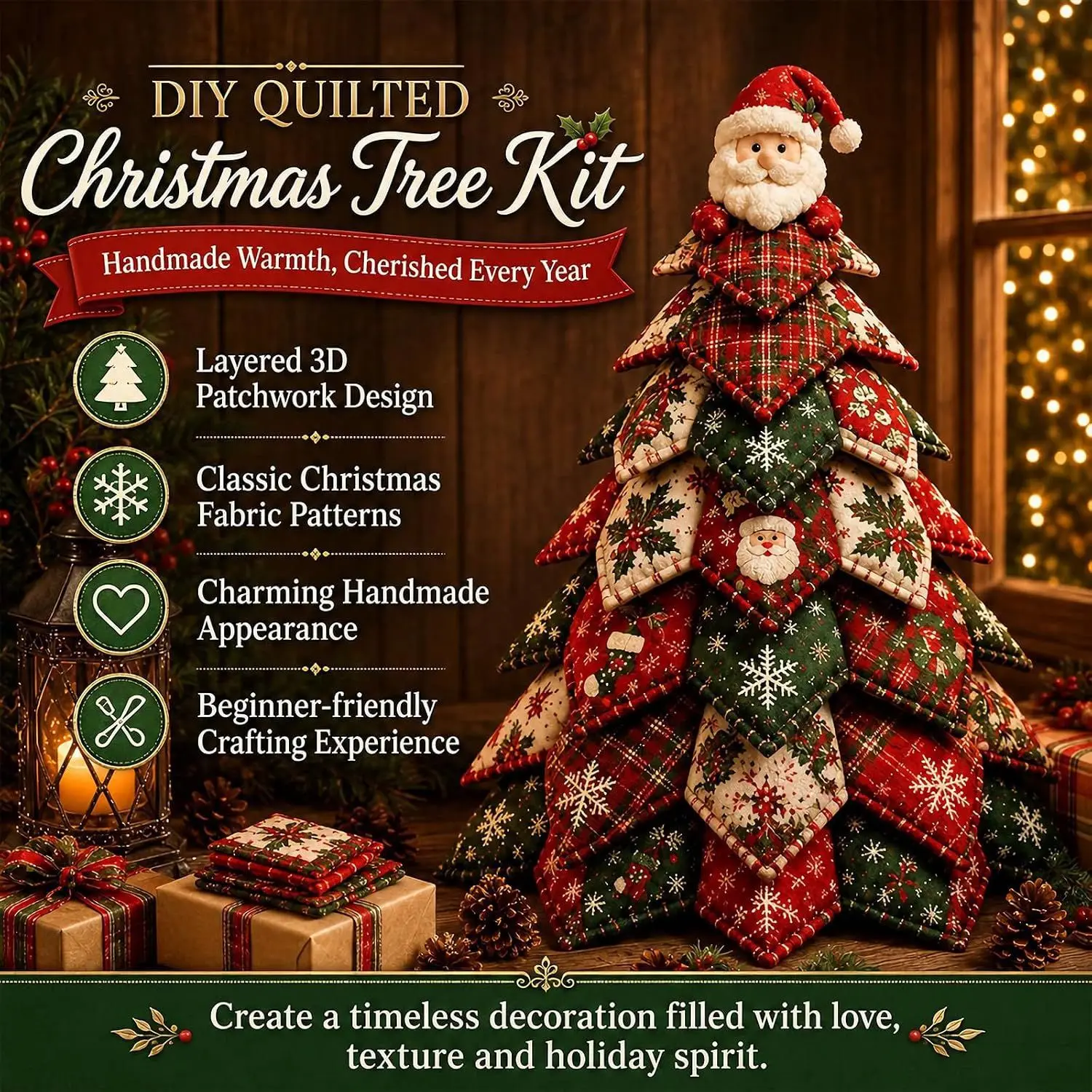DIY Quilted Christmas Tree Kit Handmade Fabric Sewing Craft Kit Xmas Tabletop Tree Holiday Home Decor Christmas Gift for Adults