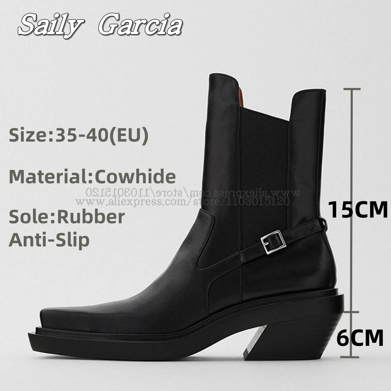 

Cowhide Buckle Decoration Stretch Chelsea Boots Black Classic All-Match Lady Modren Boots Square Toe 6CM Heel Casual Boots