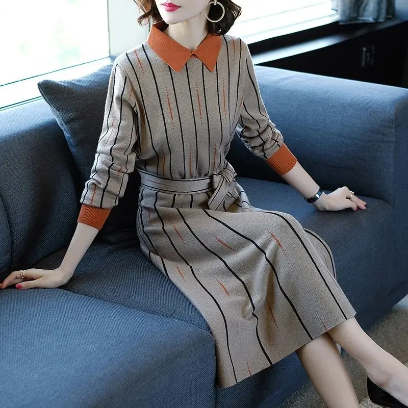 

Autumn New Contrast Slim Knitted Dress Long Sleeve Polo Neck All-match Lacing Midi Dress Vintage Elegant Women Clothing M-3XL