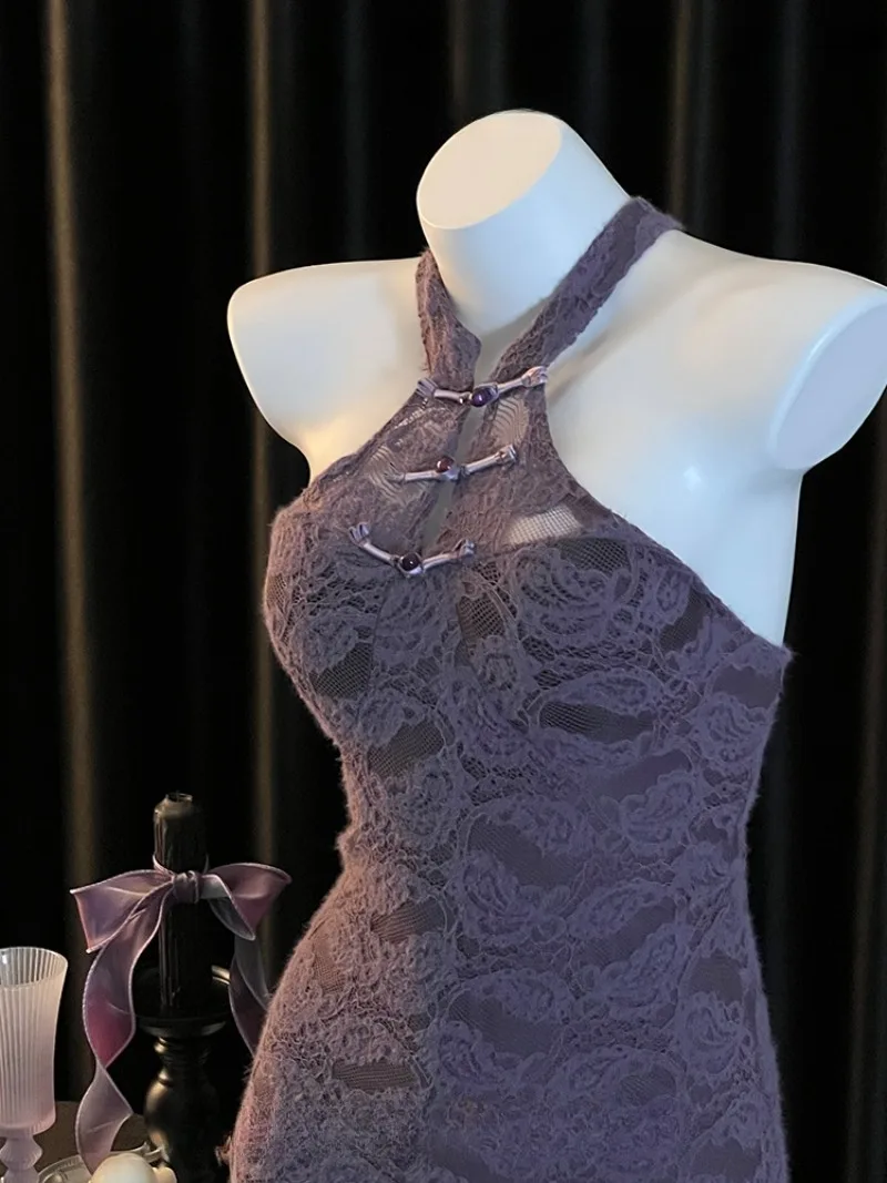 Chinese-style Seductive Allure Cheongsam DressWomen,Elegant Slimming Design,Romantic Purple Satin Lingerie,Vintage-inspired Sexy