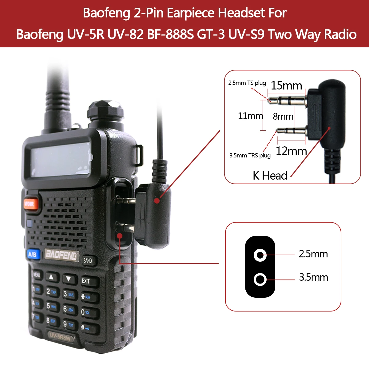 BAOFENG – oreillettes radio 2 broches, port K, micro ptt, casque pour talkie-walkie portable, radio 2 voies, 10 pièces