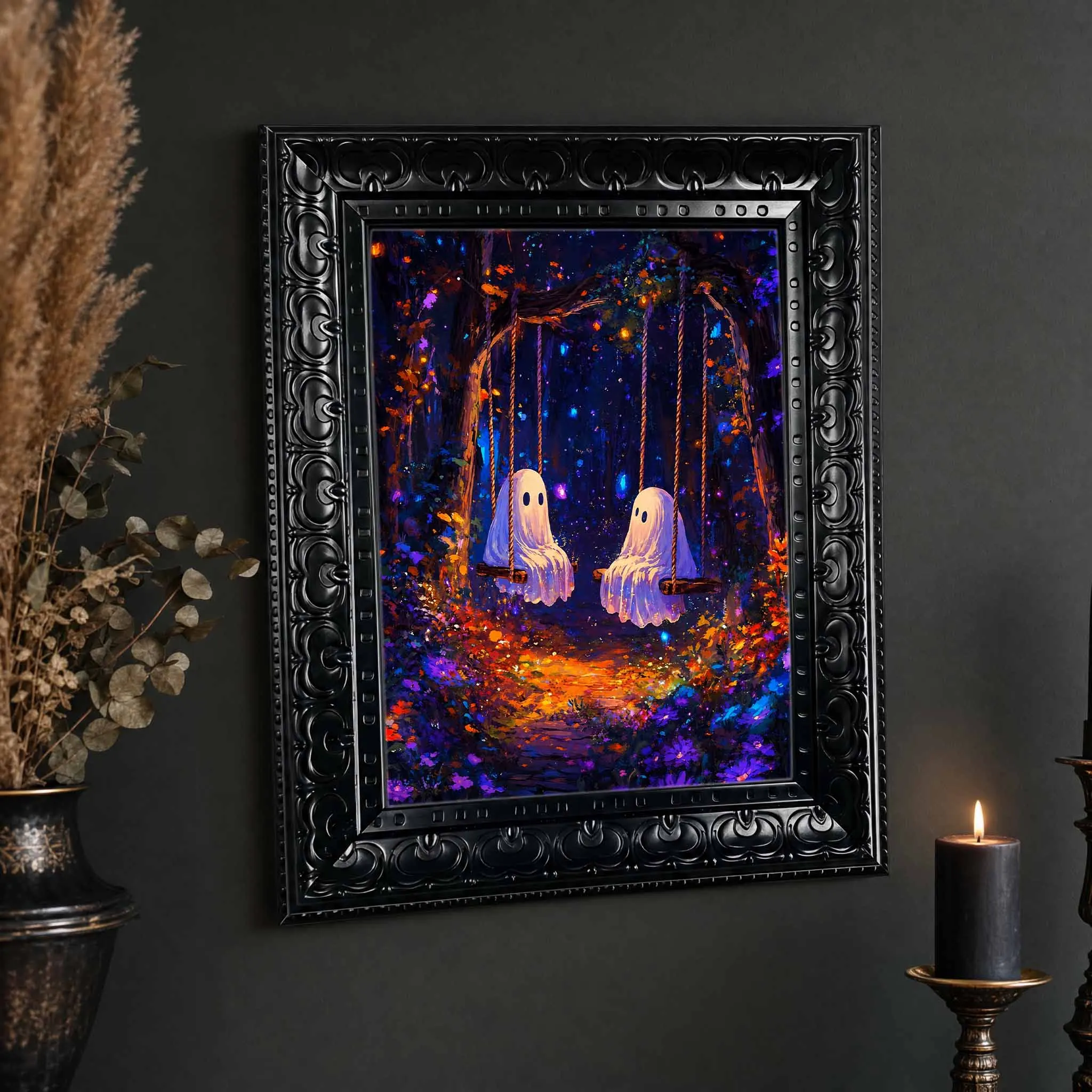 Framed Canvas Wall Art Cute Ghosts On Swings Print, Colorful Gothic Forest Painting for Halloween Spooky Bedroom Home Decor