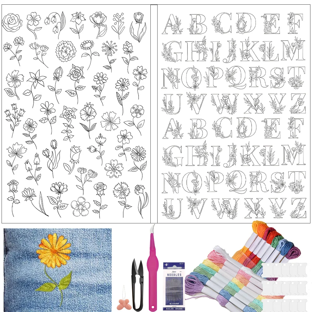 Embroidery Patterns For DIY Tablecloth Pre-Printed Letter and Flower Water Soluble Stabilizer Pattern Water Soluble Embroidery