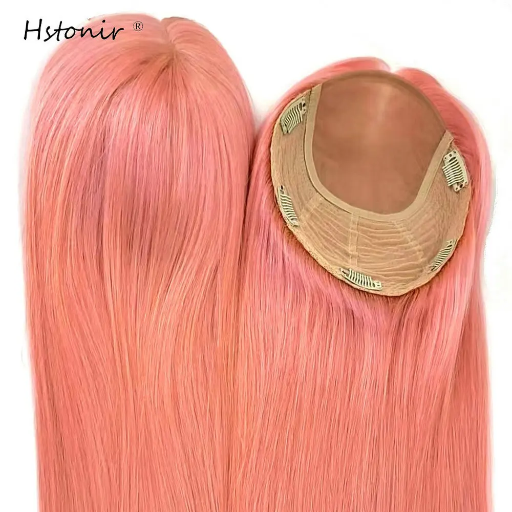 Hstonir Pink Human Hair Toupee For Women Clip In Silk Top European Remy Hair Extensions Hair Pieces Magic Hair Topper TP26