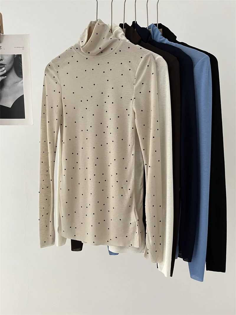 2024 Spring Women's Turtleneck Long Sleeve Top Solid Color Polka Dot Print Lady Temperament All-Match Slim Bottom T-Shirt