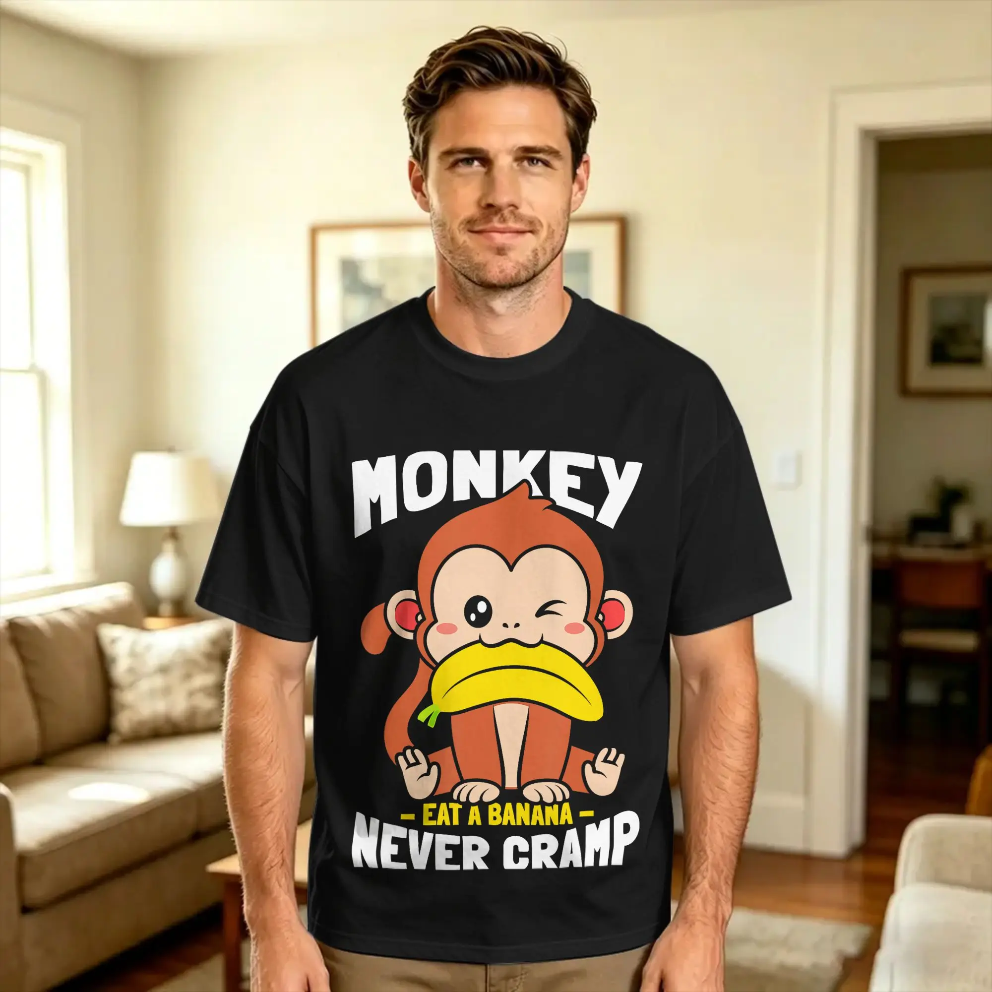Monkey Eating Banana Never Cramp T-Shirt Summer  Cotton T-Shirts For Male Custom Logo Tee Shirt Short Sleeves Classic Clothes