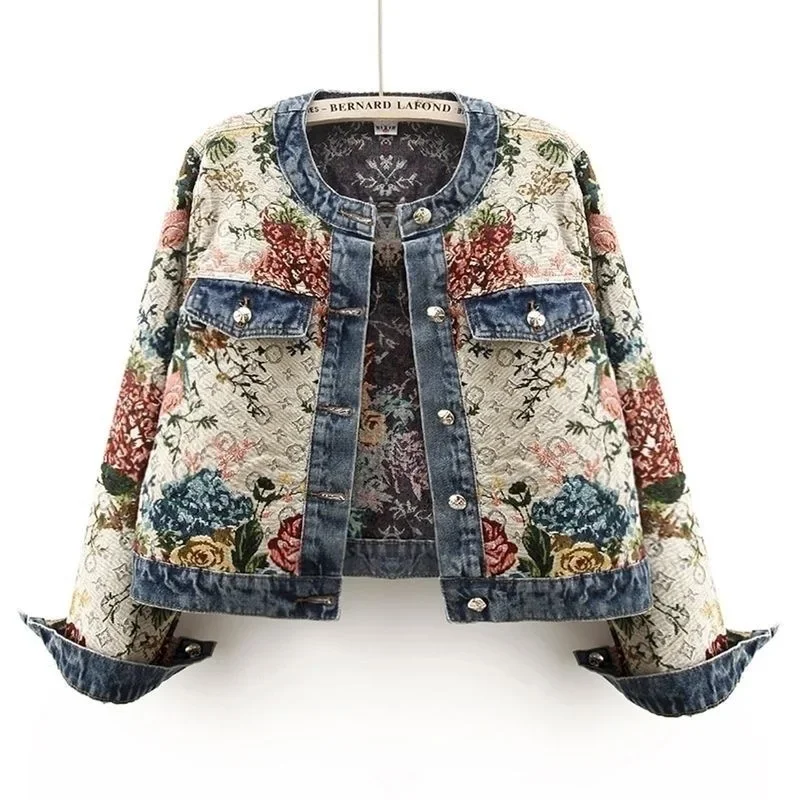 Chaqueta vaquera de manga larga con cuello redondo, Top corto Retro bordado versátil para mujer, Chaqueta de algodón de talla pequeña para primavera