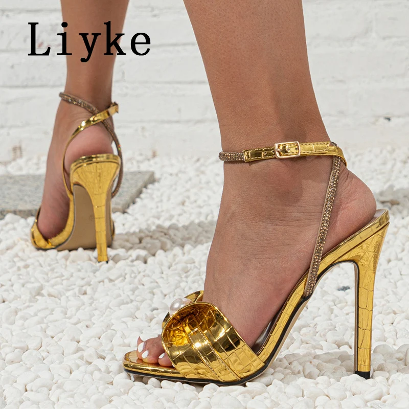 Liyke 2024 New Fashion Pearl Leather Narrow Band Women Sandals Sexy Snake Print Square Toe Crystal Rhinestone Shoes High Heels