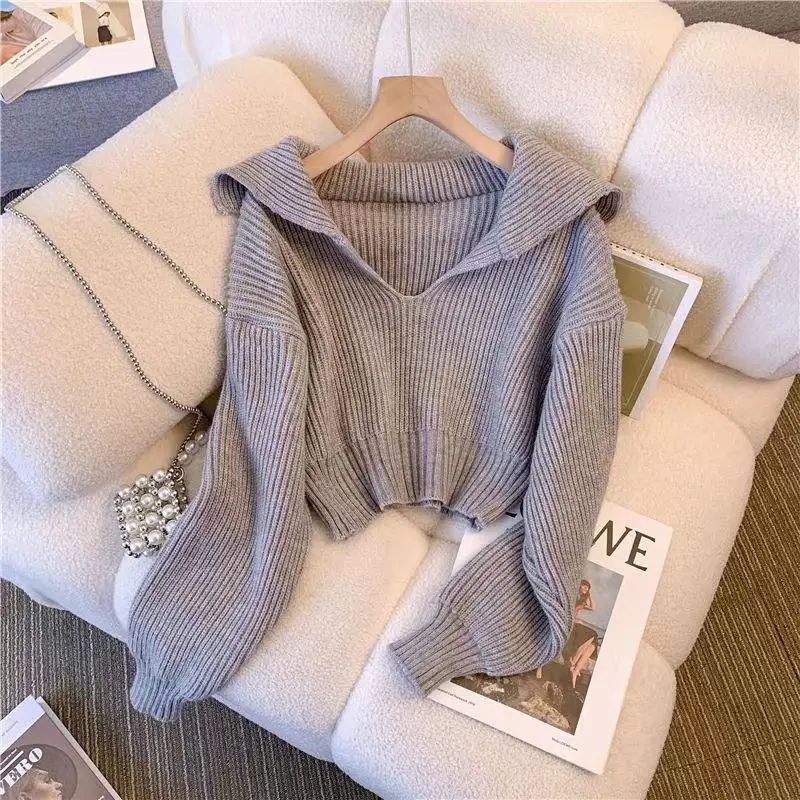 Navy Collar Knitted Sweater Irregular Vest Pull Femme Vintage Tops Knitwear Sueters Mujer Winter Clothes Women Pullover 2 Sets