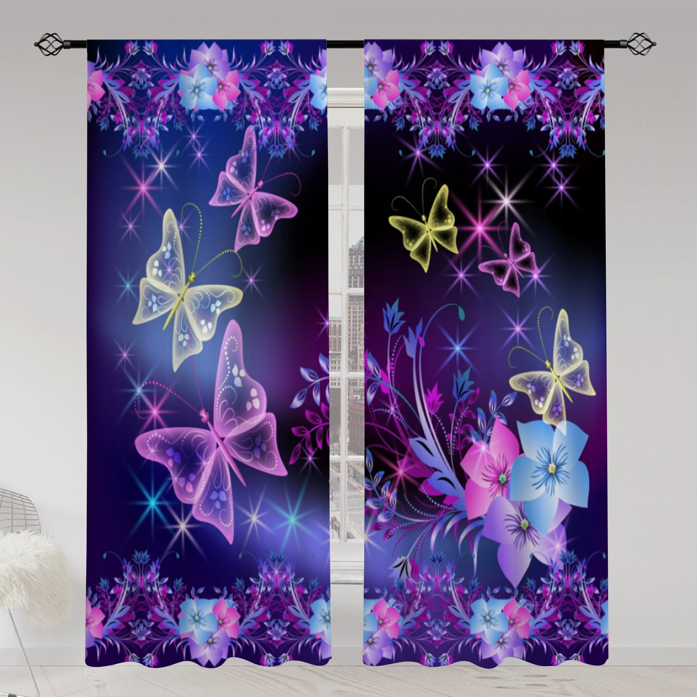 Butterfly Flower Curtain, Neon Fantasy Window Drape, Magical Sparkle Decor for Girls Bedroom Living Room, Blackout Fabric