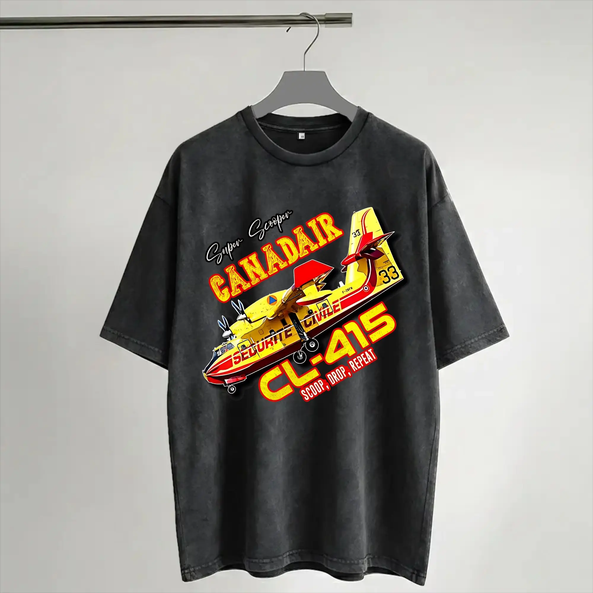 Graphic Printed Canadair cl-415 Super Scooper firebomber Aircraft  Washed T Shirt Merch Harajuku T-Shirt  Men Women Tees