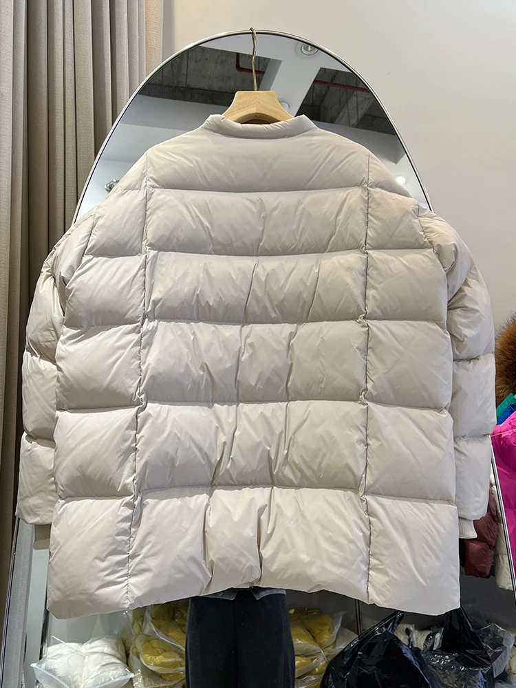 سترة نسائية ذات تصميم كوري متوسطة إلى طويلة ورقبة دائرية فضفاضة وسميكة وبسيطة #6