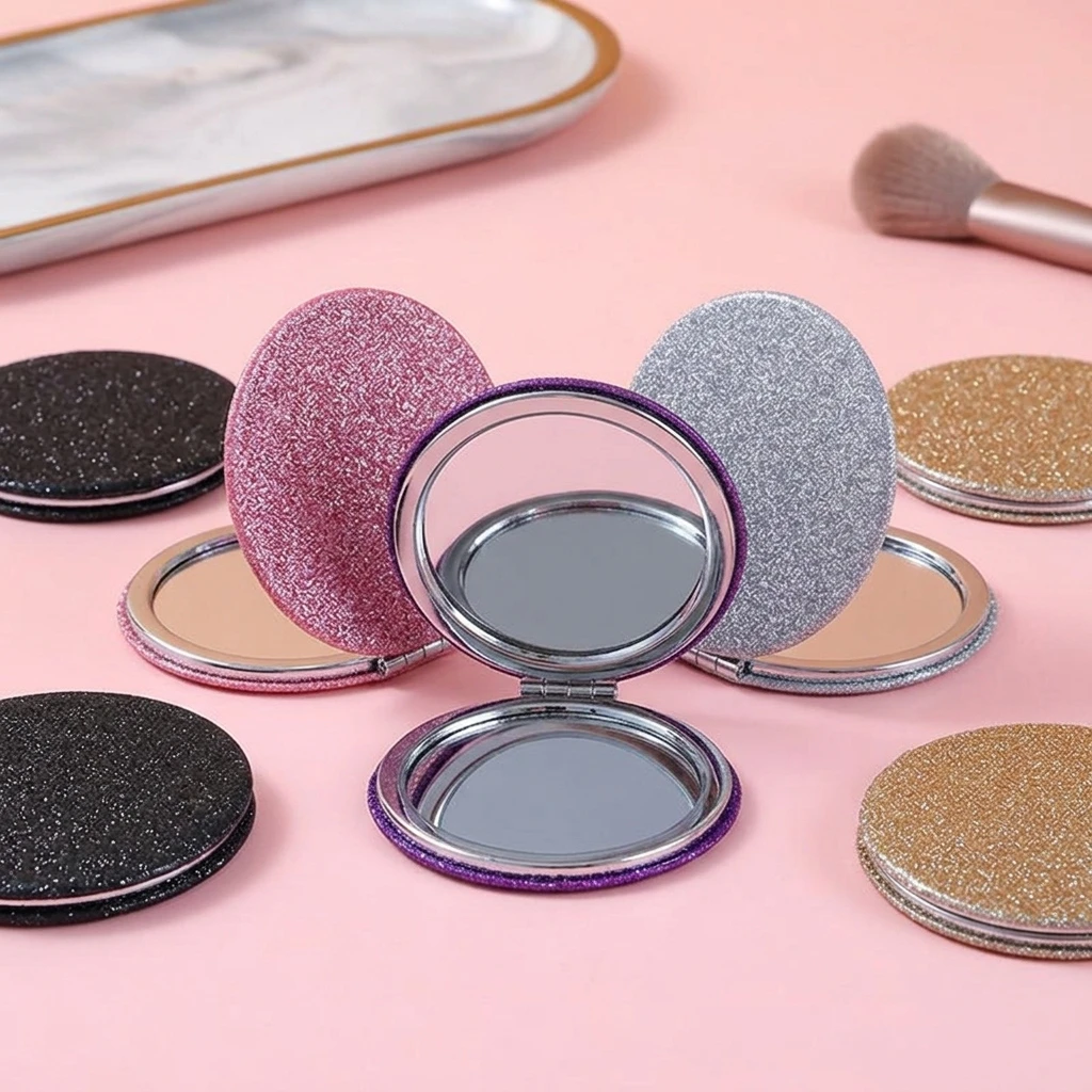 Mini Round Makeup Mirror Glitter Folding Pocket Mirror Portable Compact Vanity Mirror Double Sided Small Travel Cosmetic Tool