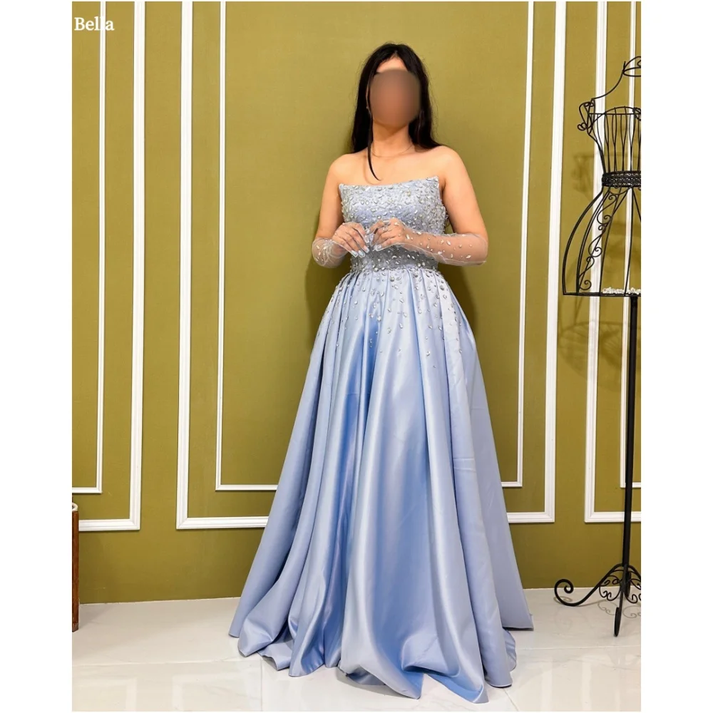 Bella Customize Blue Glitter Mesh Fabric Gloves robes de soirée Satin Strapless Prom Dresses Floor-Length A-line Wedding Dress