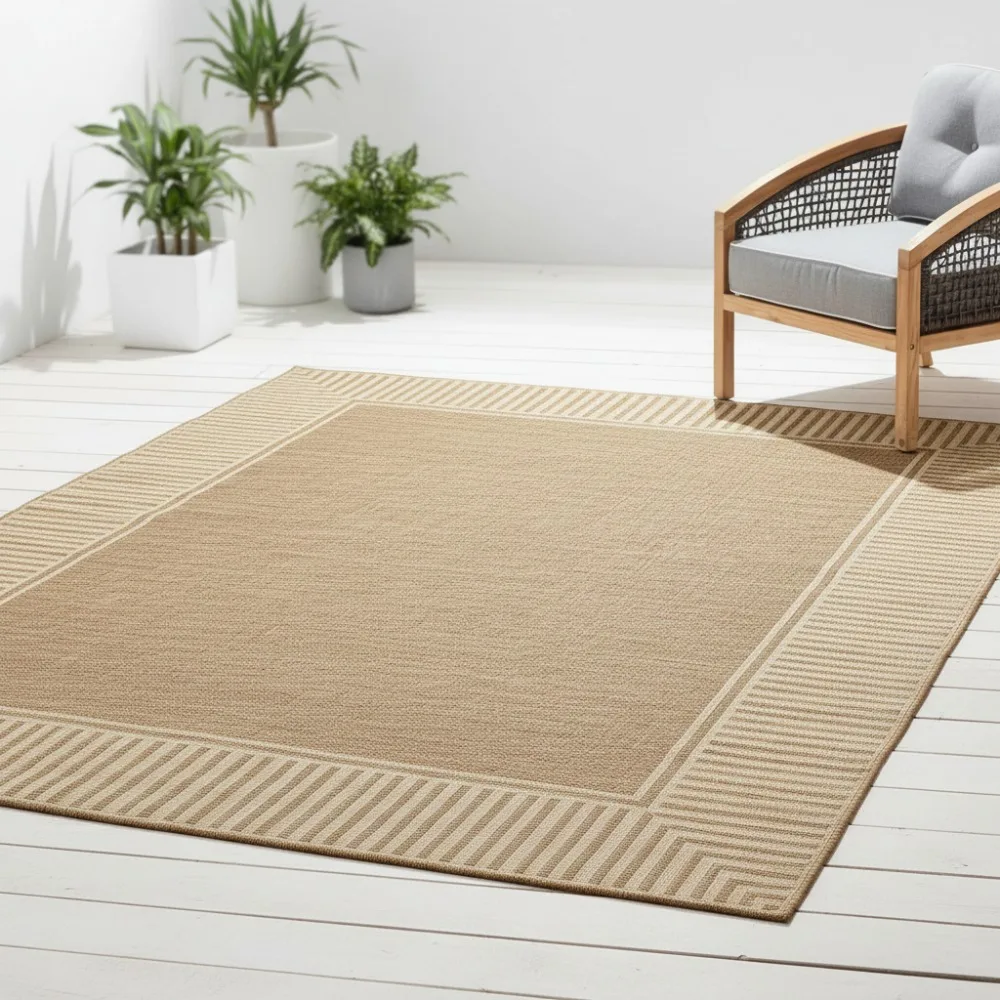 

4x6 Outdoor Area Rug, Striped Border, Stain Resistant & Durable for Patio, Balcony, Living Room, Pet Friendly
