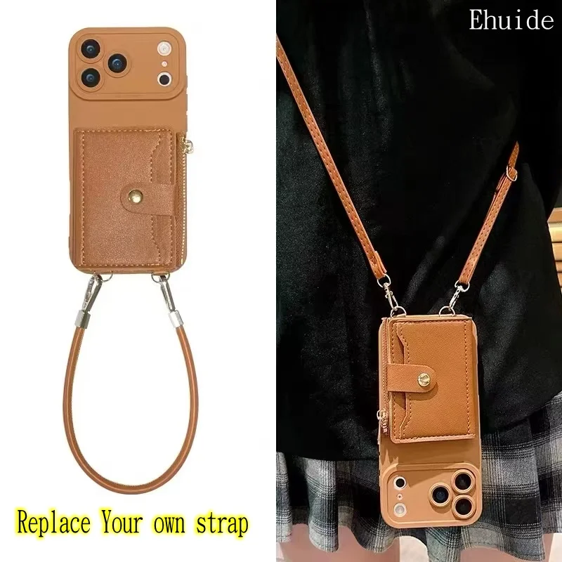Brieftaschen-Lanyard-Hülle für iPhone 17 Pro Max Air 18 12 13 15 16 14 Plus mit Kartenfächern, Umhängegurt, Leder, modische Reißverschlusstasche – Detail 3