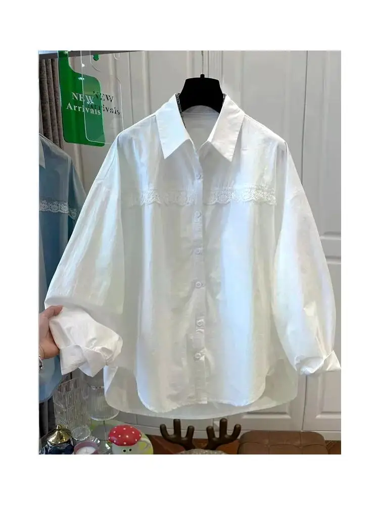 

Весенняя новинка: женская рубашка с длинным рукавом, кружевными вставками и свободным кроем в корейском стиле, из смесового хлопка, теплая и модная.