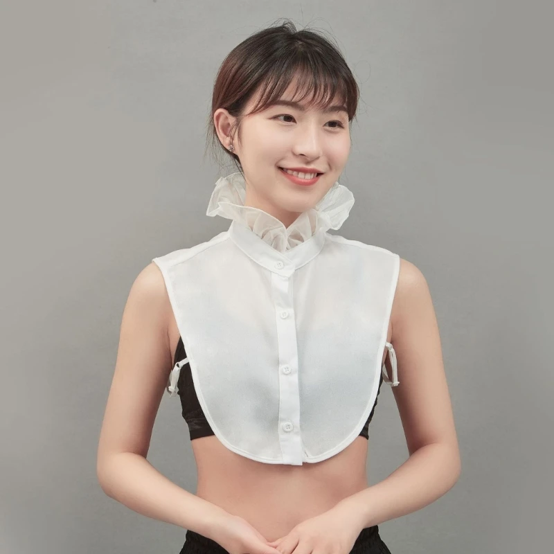 Women Vintage Ruffled Mock Neck False Collar Detachable Blouse Button Down Half Shirt Crop Top Clothing Decorative Accessory