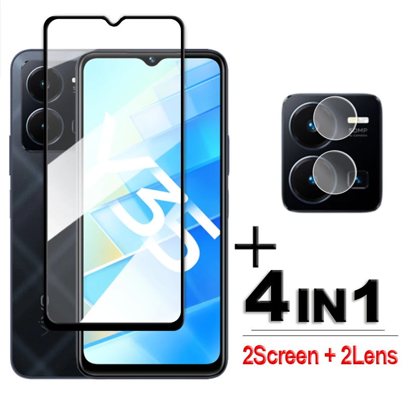 4in1 For Vivo Y35 Glass For Vivo Y35 4G Tempered Glass 2.5D Full Cover HD Screen Protector For Vivo Y35 Lens Film 6.58 inch