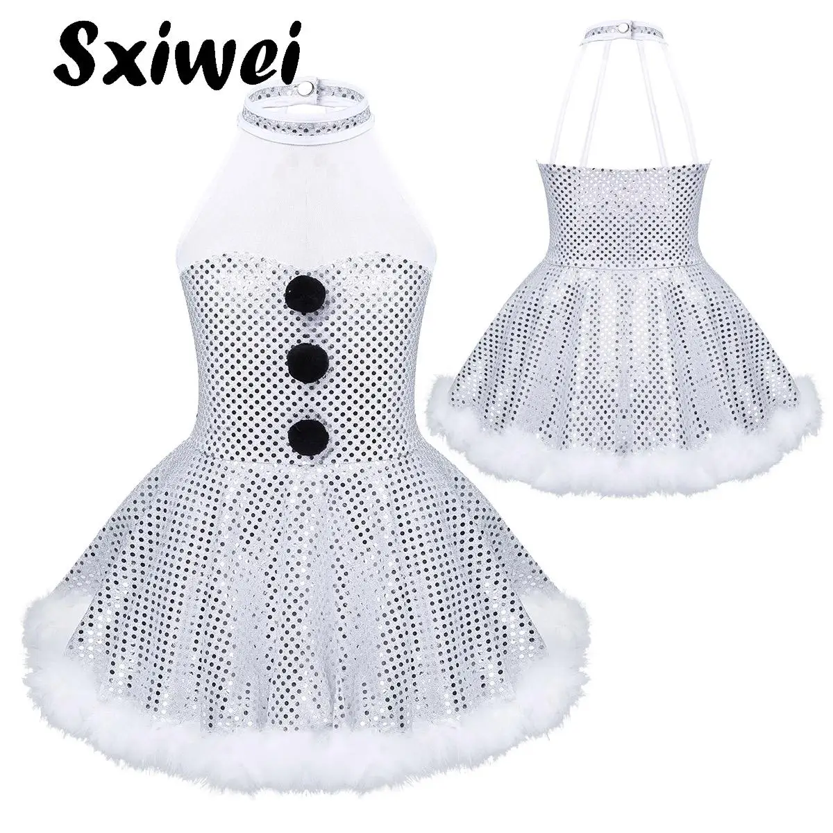 

Girls Christmas Snowman Mrs Santa Claus Costume Shiny Sequins Ballet Dance Dress Figure Ice Skating Tutu Dress Leotard Dancewear