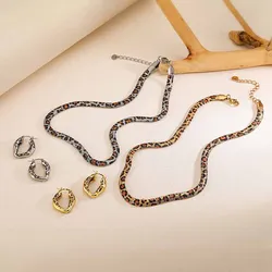Hecheng,Leopard Pattern Snake Pattern Neutral 18K Golden Plated Jewelry Metal Earrings Stainless Steel Necklace 1 Piece