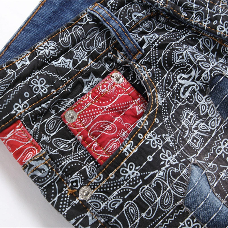 New 2024 Spring Patchwork Jeans Mid-Waist Fashion Printed Patch Men\'s Pencil Pants Streetwear