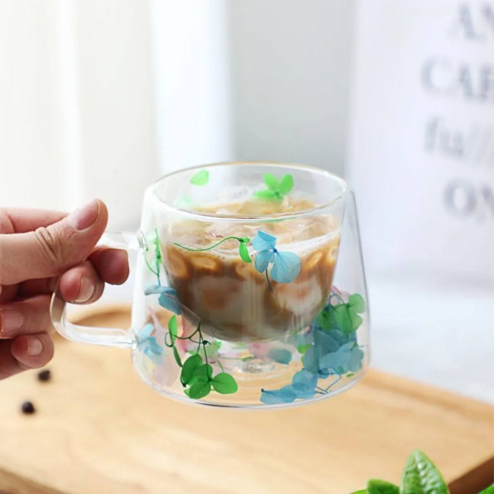 Clear Glass Double-layer Glass Cups New Double-layer with Handle Beverages Storage Simulation Flower Hot Coffee Mugs Home
