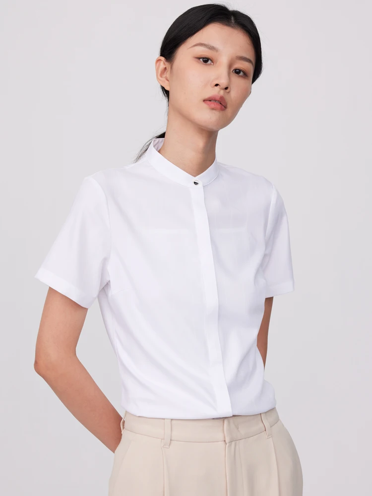 Women's Office Lady Short Sleeve Stand Collar Shirt Without Pocket Hidden Buttons Placket Slim-fit Slight Strech Blouse Shirts