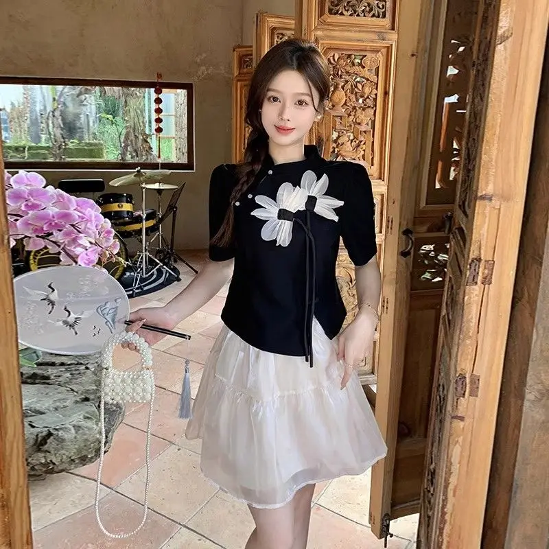 Chinese Style Fashion Set for Women, Summer Gentle Frog Button T-shirt with Mesh A-line Skirt Two-piece Set