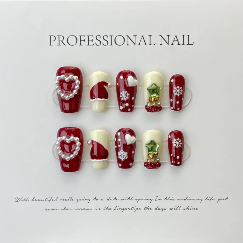 10 pièces faux ongles de noël pour fête flocons de neige arbre de noël presse sur les ongles Hallowmas détachable fini faux ongles art ensemble