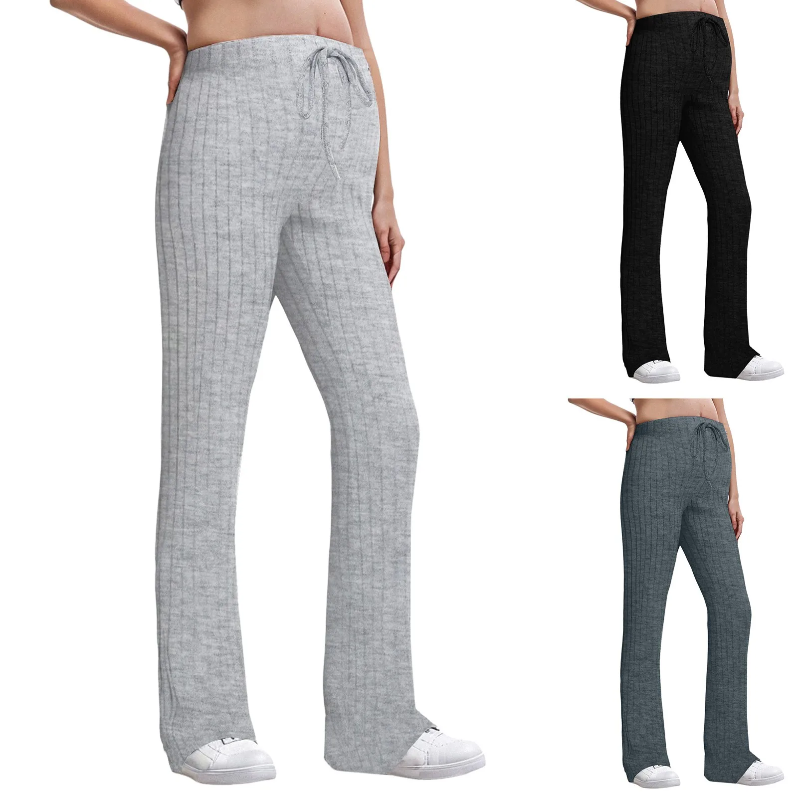 

Women's Maternity Pants Elastic High Waist Ribbed Knit Drawstring Flare Trousers for Pregnancy Comfort Ribbed Trousers Stretchy