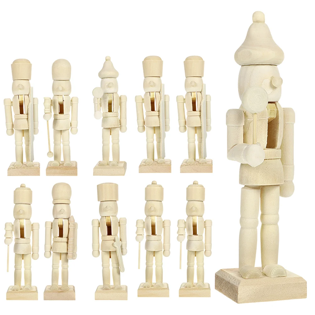 12 Pcs Christmas Puppet Nutcracker Blank Unpainted Unfinished Decorations Desktop Wooden Household