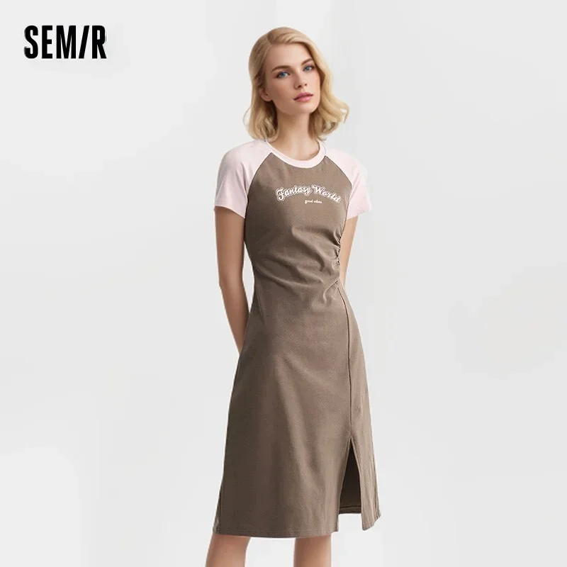 Semir-vestido de verano de manga corta para mujer, prenda informal ajustada con cuello redondo y hombros al descubierto, con letras divididas, 2024