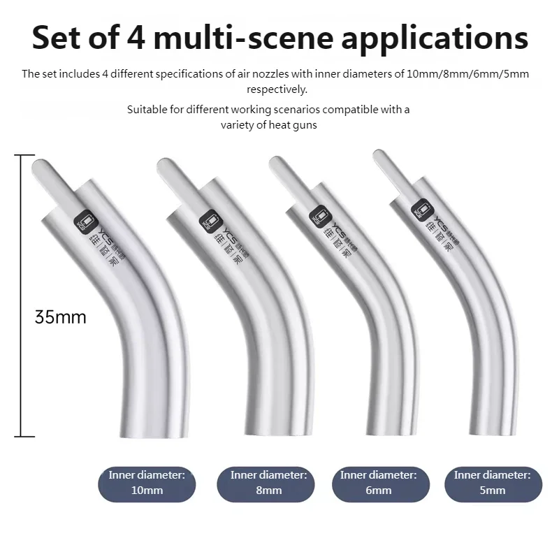 

YCS 5/6/8/10mm 4pcs Hot Air Nozzle for Mobile Phone Maintenance Motherboard Welding Tools Curve Air Tool Nozzle Set