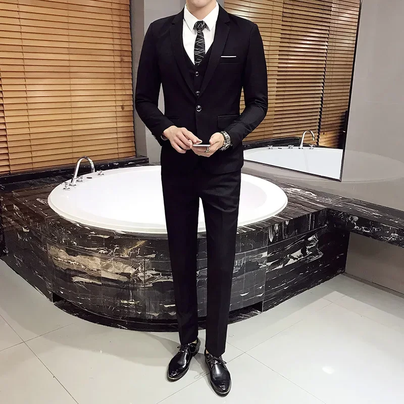 ( Jacket Vest Pants ) Mens Casual Business Formal Thin Solid Color Suit 3Pcs & 2Pcs High-end Groom Wedding Dress Blazer Trousers