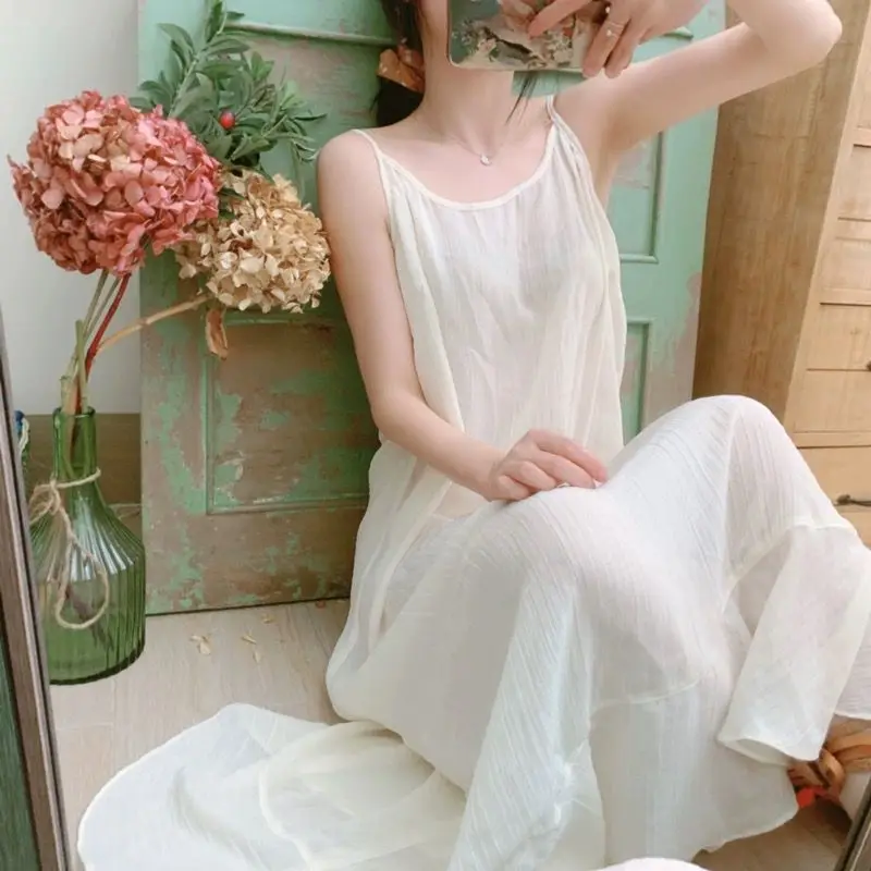 Summer 100% Cotton White Camisole Long Dress Women Oversize Casual Loose Basic Bottom Dress Female Comfortable Clothing X1284